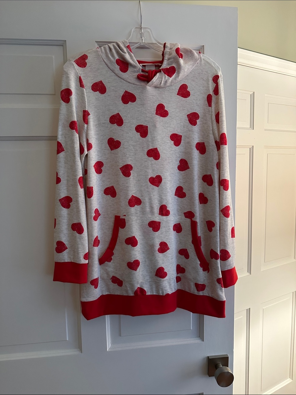 Women  Heart Print Hooded Top - Red Hearts on Heather Gray